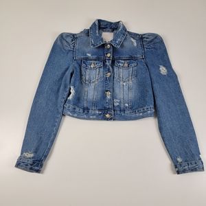 Zara Light Blue Distressed Puff-Shoulder Cropped Jean Jacket